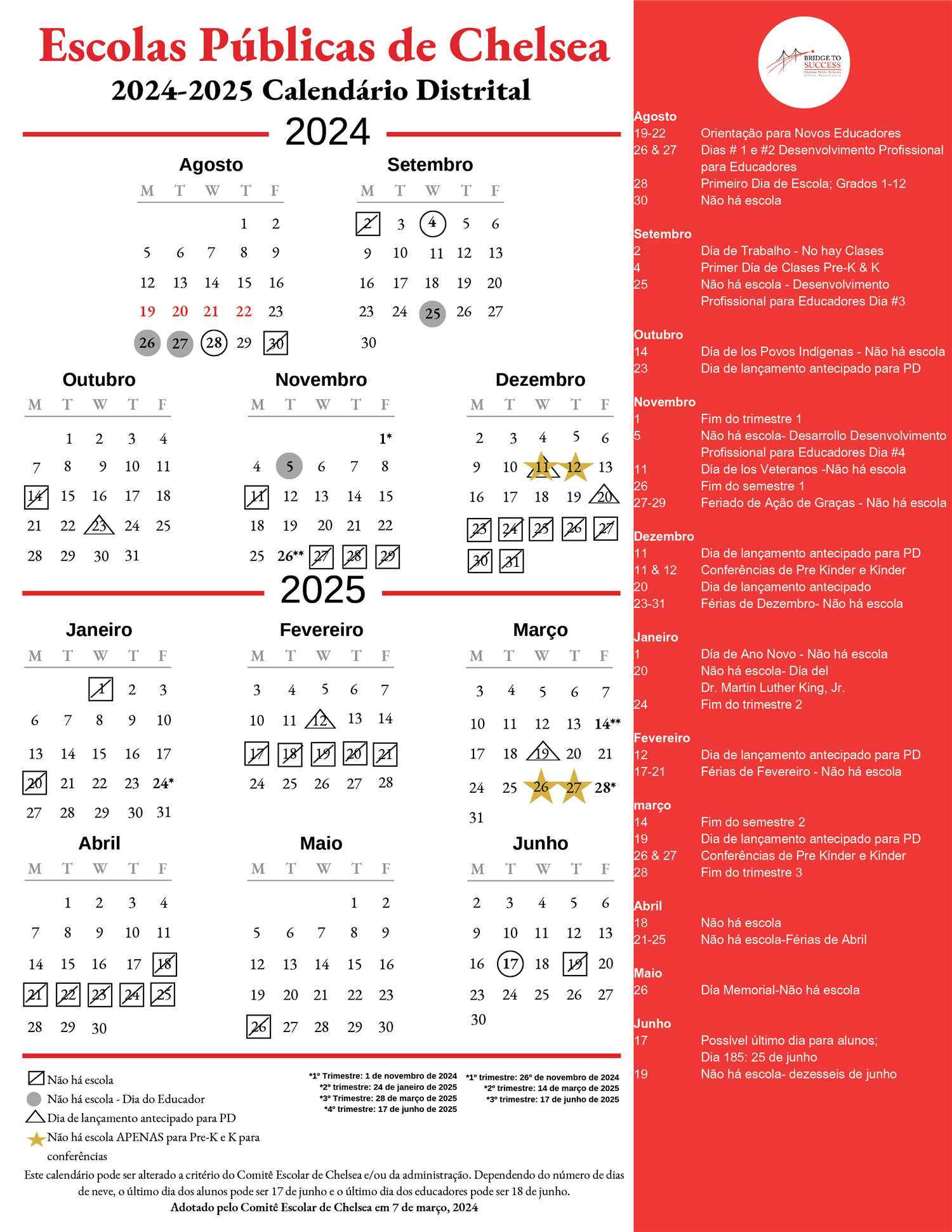 2024-25 Chelsea Public Schools Calendar Portuguese